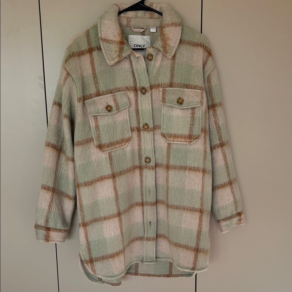ONLY Women's Checkered Teddy Jacket - Green and Tan